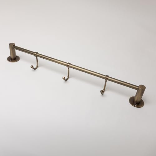 Solid Brass Kitchen Hook Rail | Utensil Hanging Rail | Wardrobe Clothing Rail | Heavy Duty Rail with 3 Hooks | Bathroom Towel Rail (Antique Brass)