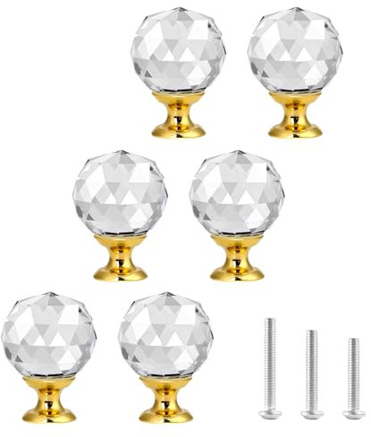 ShipeeKin 6x Cristal Transparente Armario Redondo Pomo de la Puerta Cajón en forma de bola con base de oro Armario Tirador Manijas en forma de diamante para armario Cómoda en Baño Cocina Oficina ect