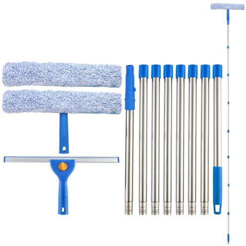 10Ft Window Squeegee with Long Handle, Window Washer for High Windows Glass | 14 Squeegee for Window Cleaning, 15 Microfiber Scrubber, 120 Window Cleaning Kit, Window Washing kit for Home, Outdoor