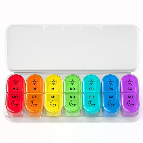 Doruimi Tablettenbox 7 Tage Morgens Abends, BPA Frei Pillendose Klein für Unterwegs, Medikamentenbox 7 Tage 2 fächer Große Fächer für Medikamente, Vitamine, Fischöl - Weiß