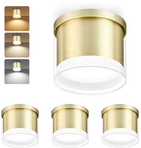 GeyouLux LED Aufbauspot Ø90×86mm Deckenspots 3CCT Aluminium LED Aufbaustrahler inkl. 7W 800LM GX53 LED Leuchtmittel Aufputz Spots Deckenleuchte 3000K/4000K/6500K Gold Rund 4 Stück