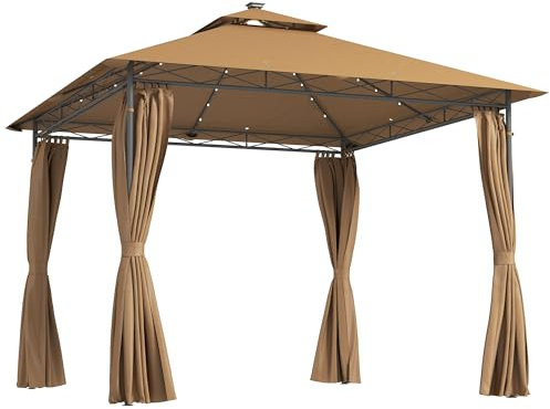 Outsunny 3 x 3 m Garden Gazebo, Double Roof Metal Gazebo with Curtains and Solar-Powered LED Lights, Outdoor Gazebo Canopy Shelter for Patio, Deck, Brown