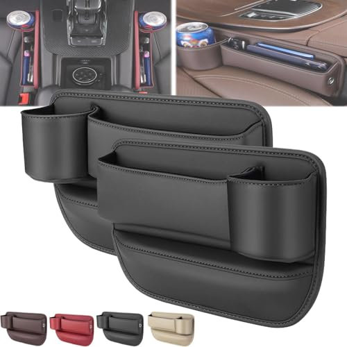 Car Leather Cup Holder Gap Bag,Adjustable Car Seat Storage Box,Car Seat Gap Filler Organizer with Water Cup Holder,for Glasses Phones Keys and Cards (Black)