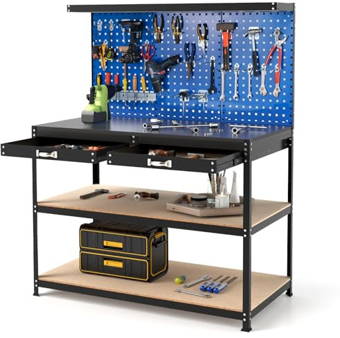 GYMAX Établi Garage Atelier avec Table de Travail, 24 Crochets pour Rangement d'Outils, Panneau Perforé, 2 Tiroirs, 3 Etagères Ouvertes, Charge Max. 230 KG (Bleu)