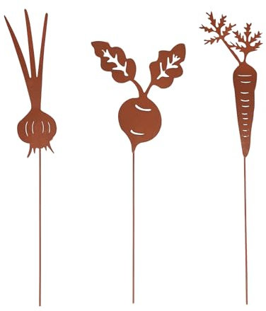 UNUS Gartenstecker Wurzelgemüse, 3er Set Metall in Rostoptik, Deko & Beet-Markierung für Garten & Hochbeet, Karotte, Zwiebel & Rote Bete