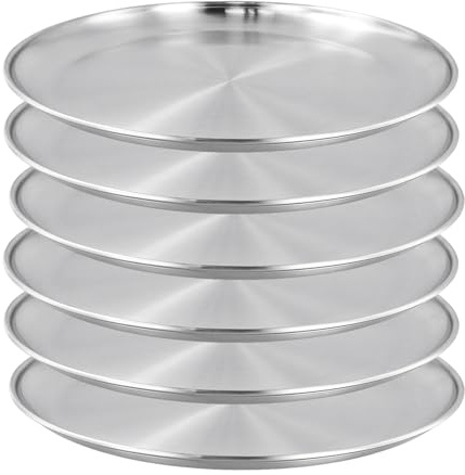CHUIFAI 6er Set 30cm Edelstahl Teller Rund, Rundes Geschirr Edelstahl Camping Teller, Stabile Edelstahlteller Essteller Metallteller für Camping, Picknick, Barbecue