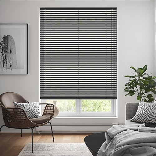 Black Plain PVC Window Venetian Blinds - Width 114cm x Drop 150cm | Child Safe Easy Fit Trimmable Fittings Tilt Control Wand Mechanism - Privacy shutters Perfect for Home offices Window Blind