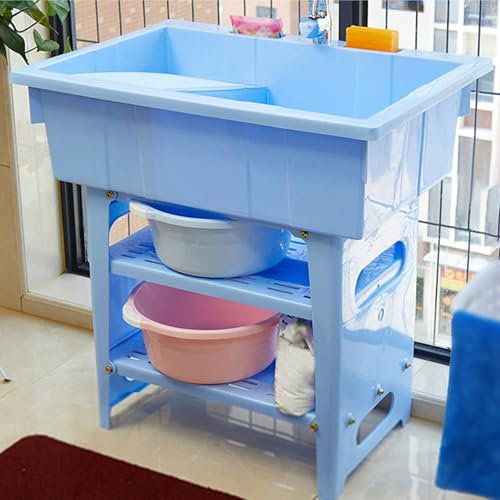 Fregadero Exterior Jardin Portátil de Plástico,pila Lavadero,Lavamanos Portatil con Grifo y Juego de Desagüe,Lavabo para Interior Lavandería Cocina Baño Camping Terraza Restaurante(Blauw)