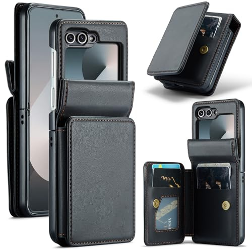 Phone Case for Samsung Galaxy Z Flip 6 5G/Z Flip7 FE Wallet Cell Accessories Cover with RFID Blocking Flip Credit Card Holder Slot Stand Faux Leather ZFlip6 Z6 G Flip6 ZFlip 6Z 7FE Women Men Black