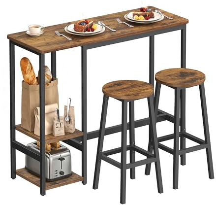 VASAGLE Bartisch mit Barhocker Set, mit 2 Stühlen und Aufbewahrungsregal, Stahlgestell