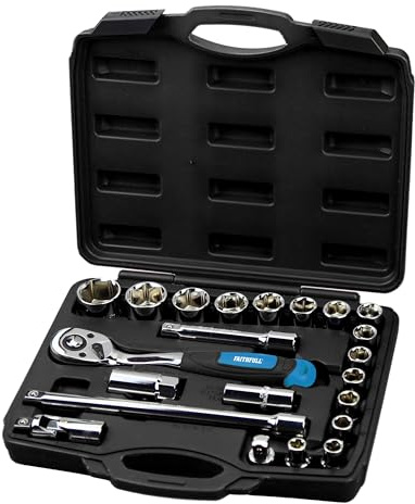 Faithfull Socket Set – 22 Piece (10–32mm), ½ Inch Square Drive, Corrosion Resistant Chrome Vanadium Steel with Quick-Release Ratchet, Extensions & Accessories in Storage Case