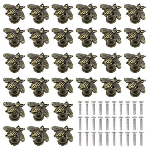 Neikafan 30Pcs Poignées de Tiroir Vintage Abeille en Métal Bronze Antique | Poignées de Meuble Décoratives avec Vis Incluses pour Armoire, Commode, Décoration Maiso