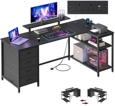 VASAGLE L Shaped Corner Desk with Power Outlets, Computer Gaming Desk with Storage, Reversible Layout, Adjustable Shelves, 4 Drawers, 2 USB Ports, Home Office, 160 x 80 cm, Ebony Black LWD173BE02