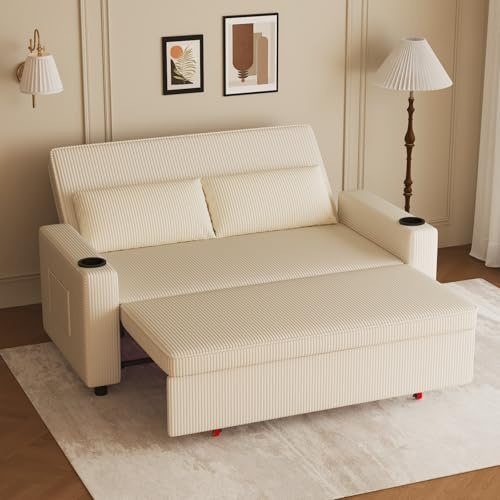 JUMMICO Schlafsofa 2 Sitzer klein Sofa mit Schlaffunktion Schlafcouch Ausziehbar mit Kissen Couch Cord-Bezug Klappsofa Für Wohnzimmer Schlafzimmer,75T x 160B cm,Beige