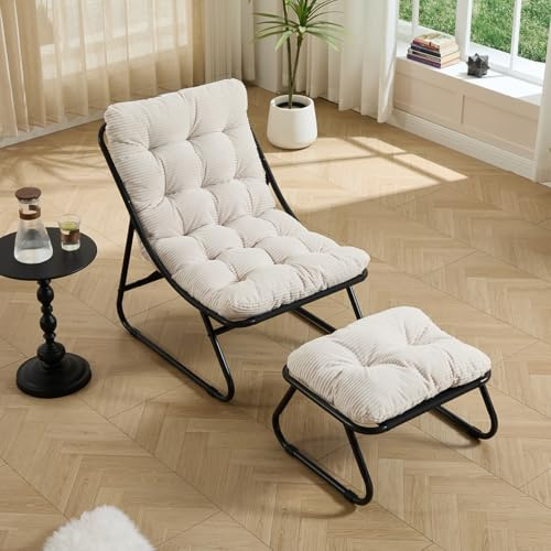 LIFEISLE Ohrensessel Loungestuhl mit Fußstütze, Lazy Chair mit Ottoman, Relaxsessel ohne Armlehnen, Liegenstuhl Lesesessel für Wohnzimmer Cord Weiß