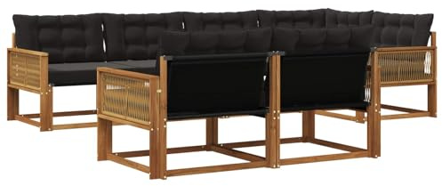 vidaXL Outdoor-Sofagarnitur mit Kissen 7 pcs Natürlich und Schwarz, Garten-Sofa, modernes Outdoor-Möbel, strapazierfähige Lounge, Sitzgruppe für Terrasse und Komfort