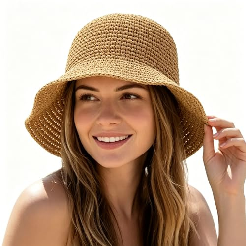 XcnPer Straw Hat Women, Foldable Wide Brim Summer Hat, Casual Beach Hat Women, Stylish Straw Bucket Hat for Travel Outdoor Daily Wear Brown