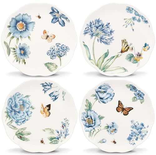 Lenox 833416 Lot de 4 assiettes à dessert Motif prairie papillon Bleu