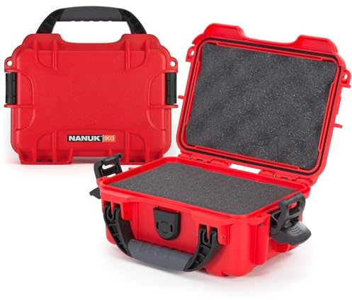 NANUK 903 Hard Case with Foam – IP67 Waterproof, Impact-Resistant Protective Case for Compact Cameras & Small Gear – Dustproof, 9.1 x 6.8 x 3.8, Made in Canada – Red