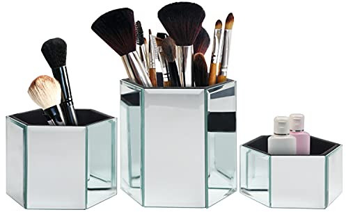Kurtzy 3-er Set Make Up Pinsel Behälter Sechseckig Verspiegelt – Pinselhalter Silber Klein, Mittel & Groß – Verspiegelte Deko Make Up Behälter für Schminktisch, Organizer, Stiftehalter Schreibtisch