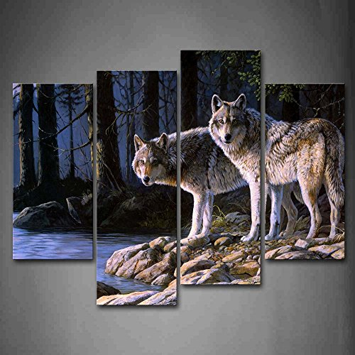 Deux Loup Supporter sur rivière Banque Forêt Peinture Murale d'art l'image imprimée sur Toile Animal Photos d'œuvres d'art pour Le Bureau à Domicile Décoration Moderne