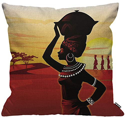 HGOD DESIGNS Kissenbezug Afrikanische Frauen Gehen Auf Der Wüste Sonnenuntergang Rot Gelb Schwarz Kissenhülle Haus Dekorativ Für Jungen/Mädchen Wohnzimmer Schlafzimmer Kissenbezüge 45X45cm