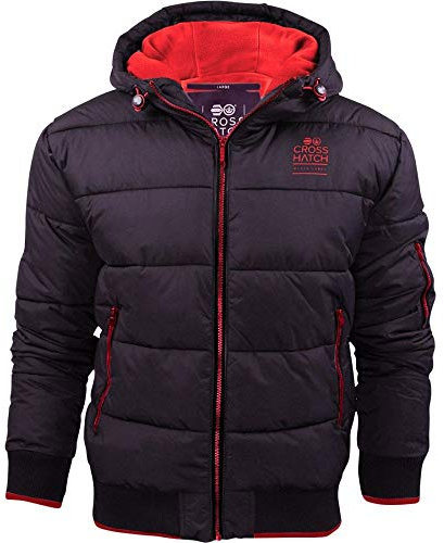 Crosshatch Mens Althorpe’ Quilted Padded Hood Jacket Fleece Lined Winter Coat. L Black Red
