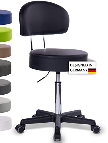 1stuff Rollhocker Squash 40 mit Rückenlehne BIGBACK - ca. 51-71 cm Sitzhöhe - Drehhocker - Praxis-Hocker mit 40 cm breitem Sitz - Küchen-Hocker mit Rollen - Bürohocker Schwarz