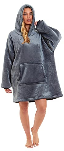 Hooded Blanket Top Lounge Fleece Sherpa Original Blankets Sweatshirt Hoodie As Seen On TV Warm Soft Cozy One Size Fits All Men Women Girls Boys, Grey