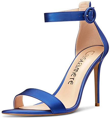 Castamere Escarpins Femme Bout Ouvert Sandales Bride Cheville Aiguille Talon 10CM Bleu Satin Chaussures EU 42
