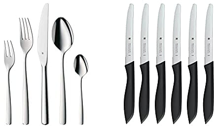 WMF Boston Edelstahl Besteck Set 6 Personen, Essbesteck Set 30 teilig, Monobloc-Messer & Classic Line Frühstücksmesser Set 6-teilig, 23 cm, Brötchenmesser Wellenschliff, Brotzeitmesser