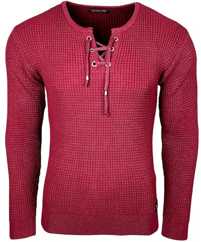 Subliminal Mode - Pull Over Homme Col Arrondi avec Cordon de Serrage Chic et Tendance Tricot Hiver en Maille Chiner Idée Cadeau Noel BX52132 Bordeaux S