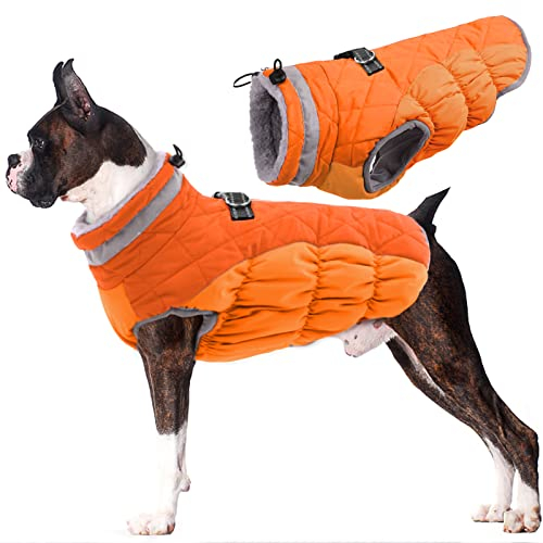 Lelepet Wasserdicht Hundemantel, Winter Winddicht Hundejacke mit Geschirr, Warme Reflektierend Schneeanzug Winterweste, Kaltes Wetter Hundepullover für Kleine Mittlere Große Hunde (Orange, L)