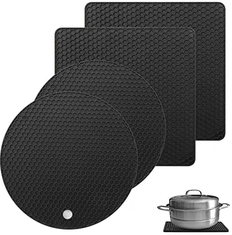 Bimormat Silicone Trivet Mats, 4 Pack 2 shape(2 Squared+2 Round) Heat Resistant Pot Holders Set, Silicone Table Mats Large Coasters for Kitchen Counter, Tables, Hot Dishes, Hot Pats, Pans(black)
