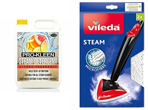 Pro-Kleen Steam Detergent – Citrus Fragrance, High Concentrate Cleaning Solution with Built in Water Softener-Suitable for All Electric Mop Machines 5L & Vileda Steam Mop Refill Pads, Pack of 2