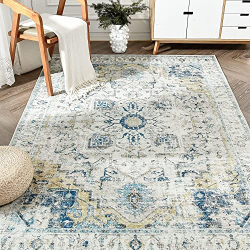 TOPICK Teppich 210x300cm Hellblau Floral Faltbar Waschbar Superdünne Vintage Blumenteppich Kurzflor Orientalischer Küchenteppich für Innenbereich Schlafzimmer Wohnzimmer Esszimmer Büro Flur
