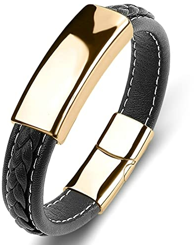 Ayoiow Armreifen Herren, Armbänder Herren Edelstahl Armband Leder Vintage Hochglanzpoliertes ID Armband Schwarz