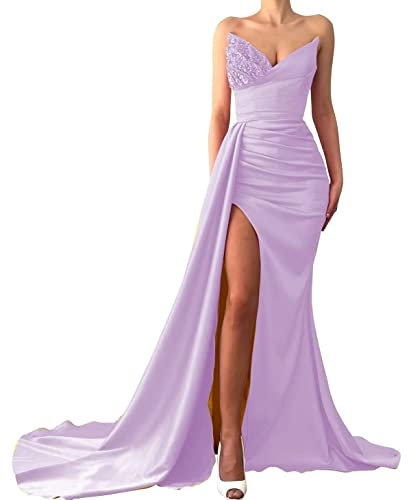 Meerjungfrauen-Abschlussballkleider mit Pailletten, lang, Satin, Schlitz, formelles Abendkleid, Flieder, 38