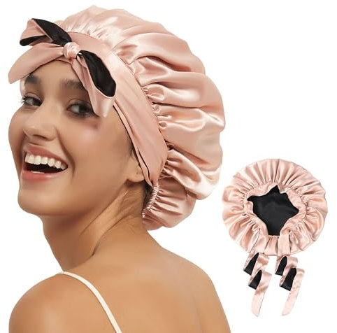 Hat Hut Schlafmütze Seiden Haarhaube Satin Schlafhaube für Locken Seidenhaube zum Schlafen Silk Bonnet Schlafkappe für Damen und Mädchen (Rosa/Schwarz)