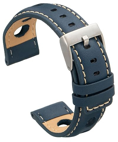 diloy Uhrenarmband Rindsleder perforiert Rallye Racing Stil – Sportliches Design – Größen 20mm 22mm 24mm – Schwarz, Braun, Bordeaux oder Marineblau P355 Navy Blau 20mm
