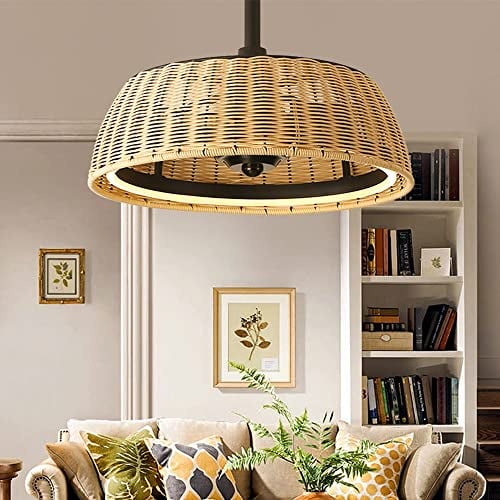 Ceiling Fan With Retro E27 Fan Ceiling Lighting With Remote Control Living Room Chandeliers With Fan Hanging Lamp Quiet Vintage Rattan Fan Bedroom Suspension Dining Room Fan Light Pendant Light