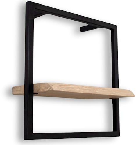 holz4home® Wandregal Small Schwarz gerahmt I 30x15x30 cm LxBxH I Mit Baumkante, Hellgrau geölt I Inkl. Befestigungen aus Stahl für Schweberegal Industrial Flair