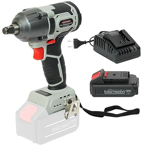 Dino KRAFTPAKET 18V-400Nm Bürstenloser Akku Schlagschrauber 1/2 Zoll Vierkant-Aufnahme mit 3-stufigem Drehkraft-Begrenzer/3-Gang (400Nm/300Nm/200Nm) und LED-Leuchte, Motor bürstenlos (Brushless)