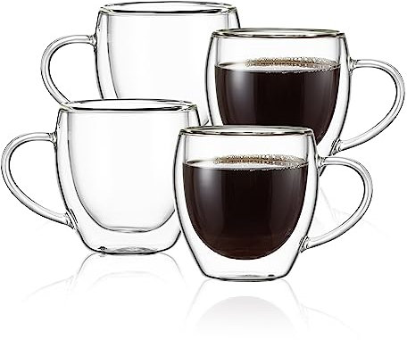 CNGLASS 5oz(150ml) Espresso Cups,Double Wall Insulated Glass Coffee Mugs with Handle,Espresso Shot Glasses,Clear Expresso Coffee Cups Set of 4