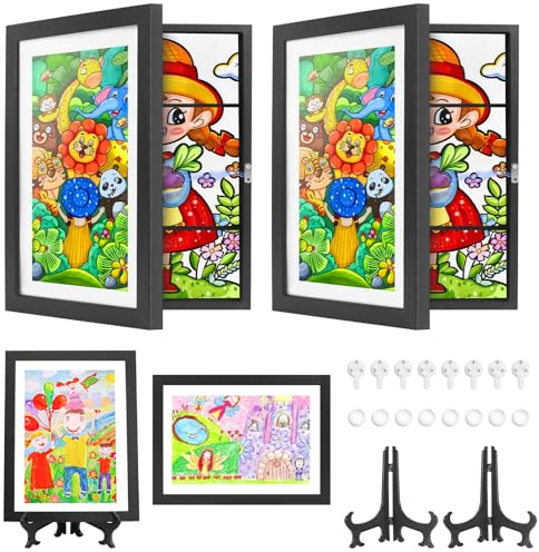 SelfTek 2 Stück Kinder Kunstrahmen Frontöffnung, Bilderrahmen Kinderzeichnungen A4, Kinder Kunst Rahmen Aufklappbar A4 Platzierung von 150+, Ausstellung von Kinderzeichnungen