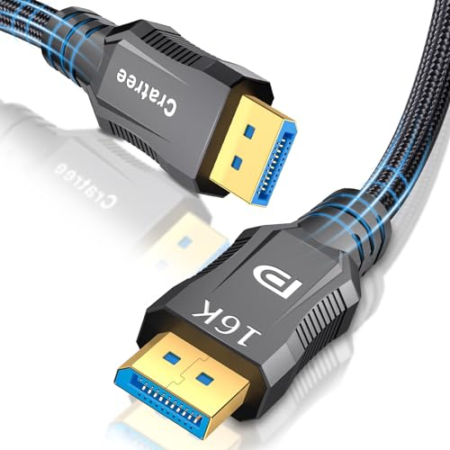 Cratree Cable DisplayPort 2.1 2M - 16K Cable DP 2.1 - Certificado VESA - 16K 30Hz, 8K 120Hz, 4K 165Hz/144Hz, 40Gbps – Compatible con freesync, G - sync, Monitor de juego, PC