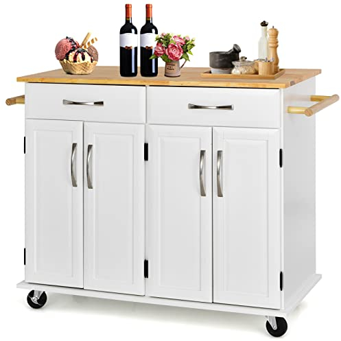 TANGZON Large Kitchen Island on Wheels, Rolling Kitchen Storage Trolley with 2 Cabinets, 2 Drawers, Adjustable Shelves, Rubber Wood Worktop & Side Handles, Dining Room Utility Serving Cart (White)