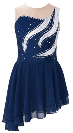 CHICTRY Glitzer Eislaufkleid Mädchen Strass Tanzkleid Lyrisch Ärmellos Body Patchwork Trikot Mit Asymetrisch Chiffon Rock Tanzkostüm Navy blau 158-164