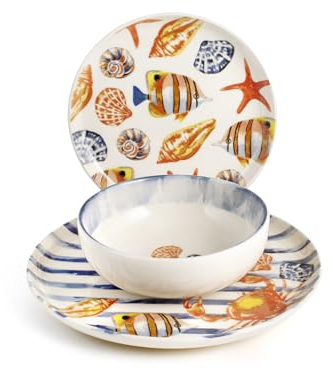 H&H-Summer stoneware dinner set, Servizio tavola Playa 18 Pezzi, in stoneware, decorato, lavabile in lavastoviglie