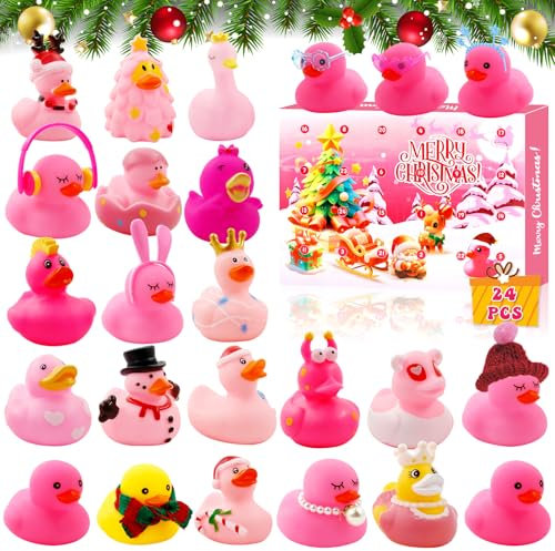 Adventskalender Enten 2024 Kinder mit 24 Tage Weihnachtskalender Countdown,24 Stück Gummienten Weihnachtsgeschenke Quietscheenten Adventskalender Badespielzeug für Kinder Jungen Mädchen